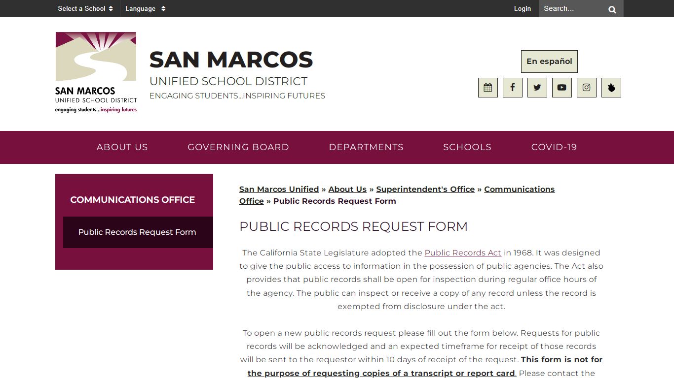 Public Records Request Form - San Marcos Unified